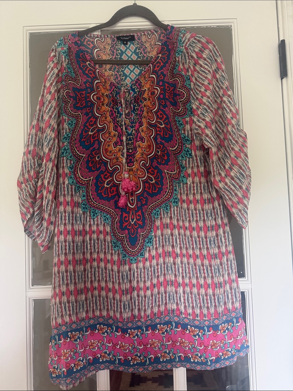 Tolani Pink Teal Multi-Print Long Sleeve Tunic Dress